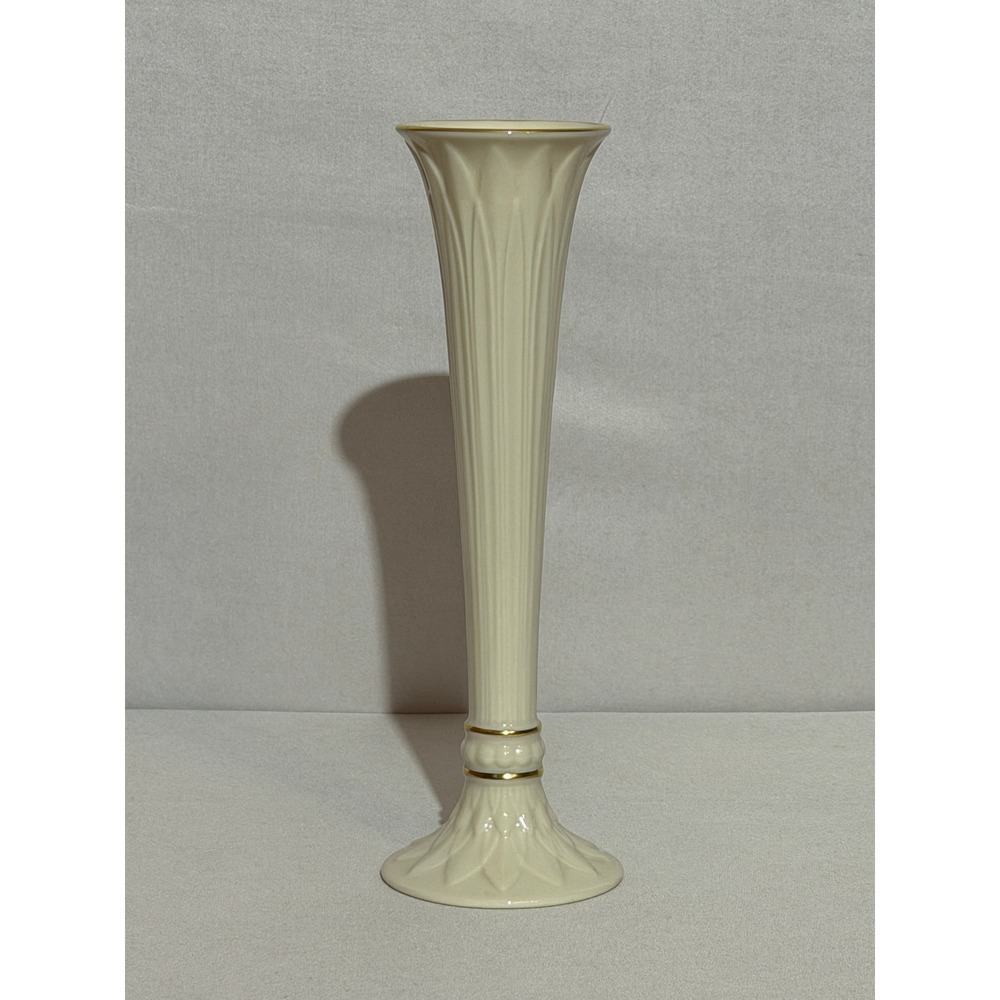 Lenox Ivory Fine China Bud Vase Gold Trim Embossed Leaf Trumpet Made in USA